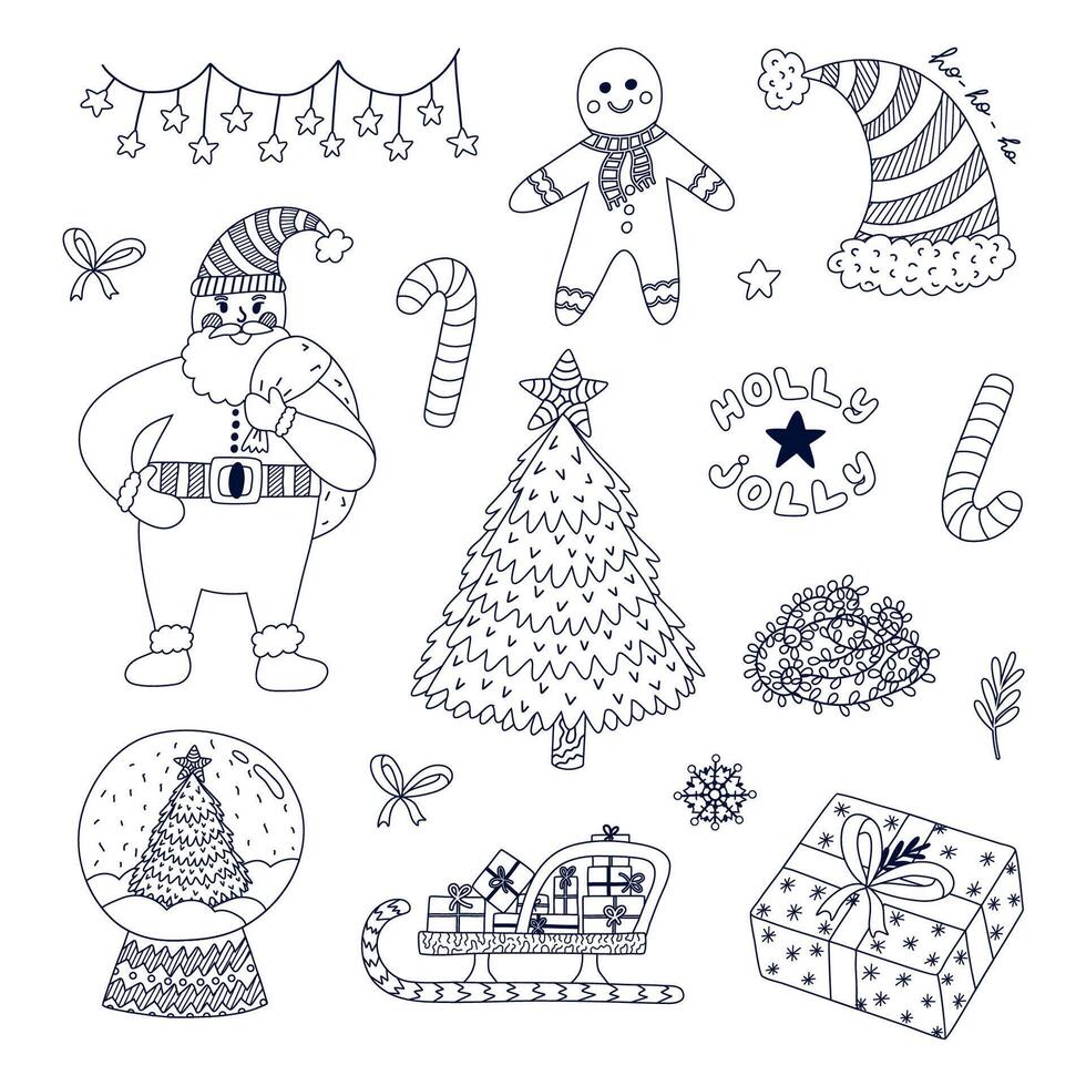 Cute Xmas and New Year set with greeting lettering, outline doodle of Christmas tree in globe, Santa Claus, garland, sleigh with presents. Christmasrtime decorations, merry elements isolated on white vector