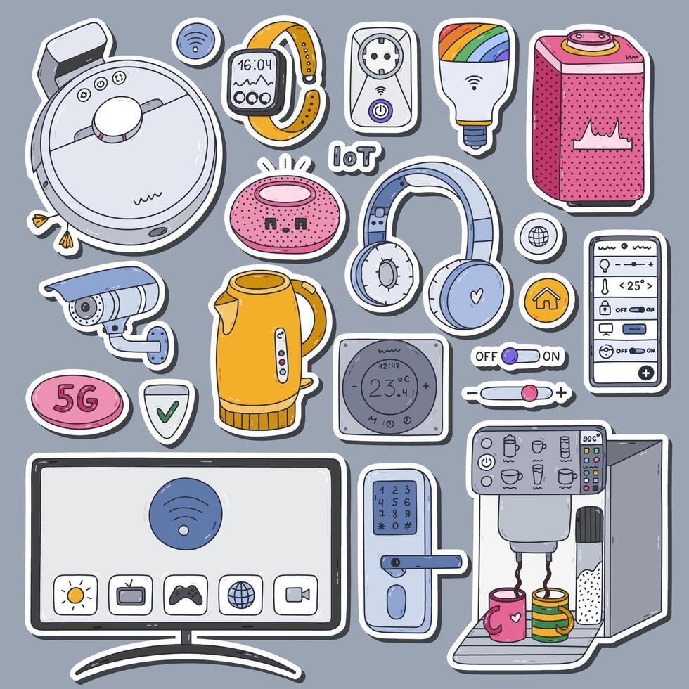 Big colorful doodle set of stickers with smart devices of Internet of things for planners, notebooks. Ready for print list of cute stickers. Intelligence machine clipart with remote control via phone. vector