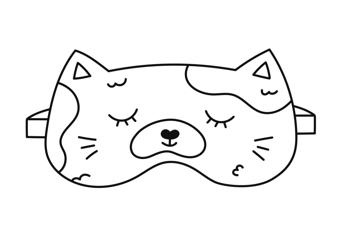 Cute outline sleeping mask in the shape of cat head. Funny childish animal eye mask with tired kitten. Hand drawn doodle bedtime accessory for comfort dreaming isolated on white background. vector