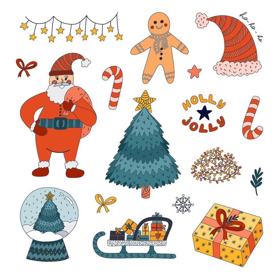 Cute Xmas and New Year set with greeting lettering, colourful doodle of Christmas tree in globe, Santa Claus, garland, sleigh with presents. Wintertime decorations, merry elements isolated on white vector