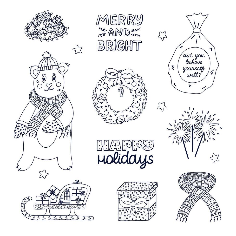 Cute Xmas and New Year line doodle set. Hand drawn collection of bear in winter clothes, Christmas fir wreath, pack with presents, firework. Childish yuletide decorations isolated on background. vector