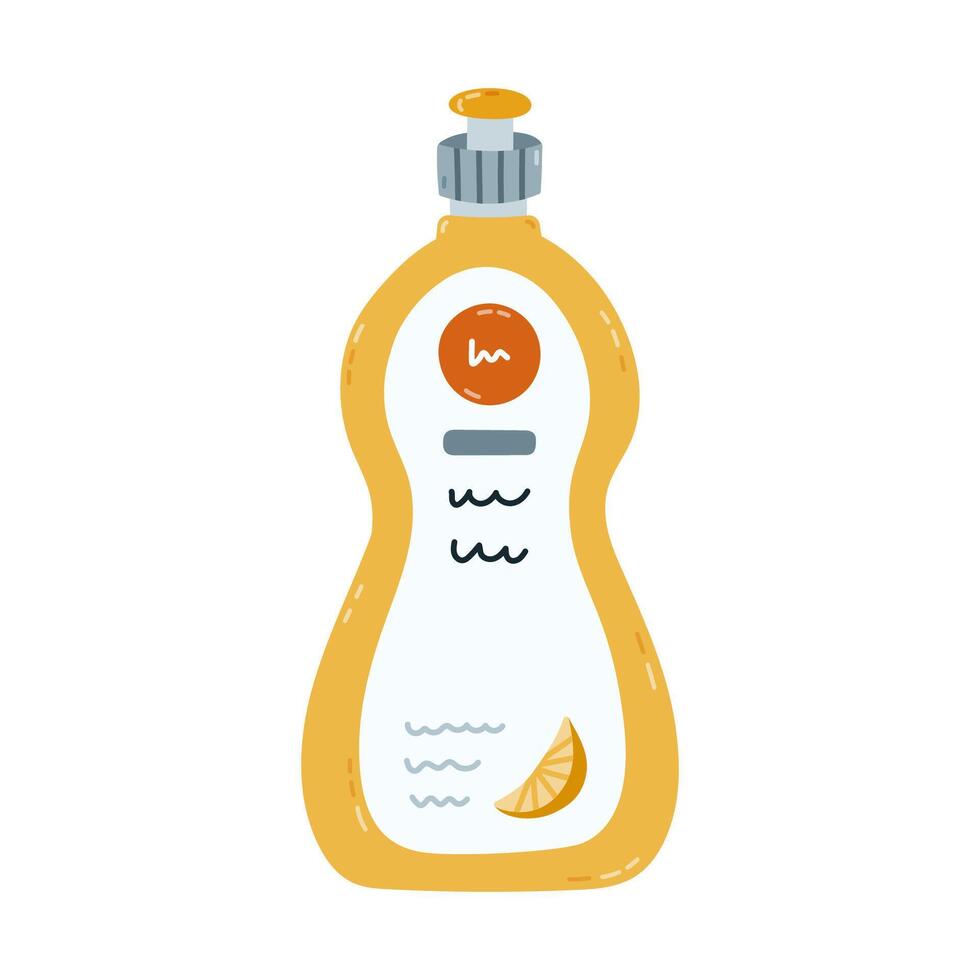 Cute cartoon dish washing gel with lemon flavor for kitchen utensil. Hand drawn bottle of detergent product to wash plates, mugs. Funny clipart for sanitation isolated on white background. vector