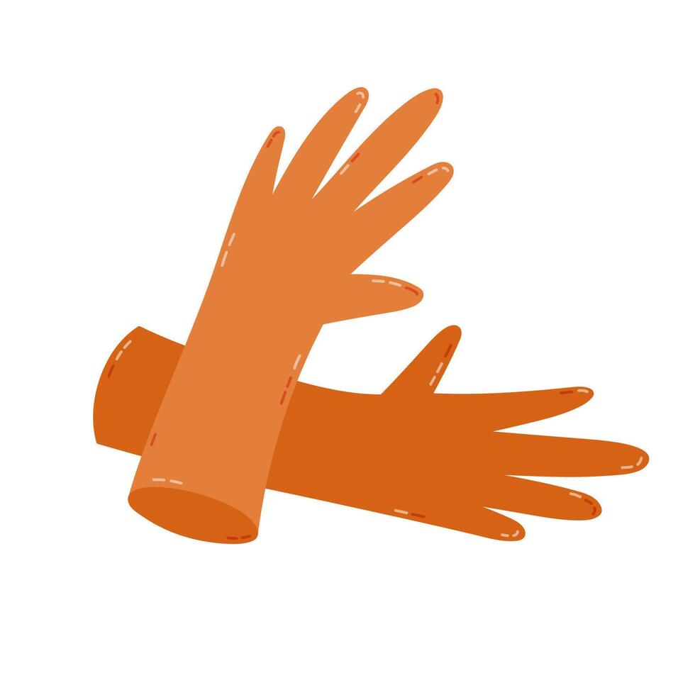 Cute cartoon protective rubber gloves for safe cleansing of apartment and using detergent agents. Hand drawn orange latex gloves to protect hands during household isolated on white background vector
