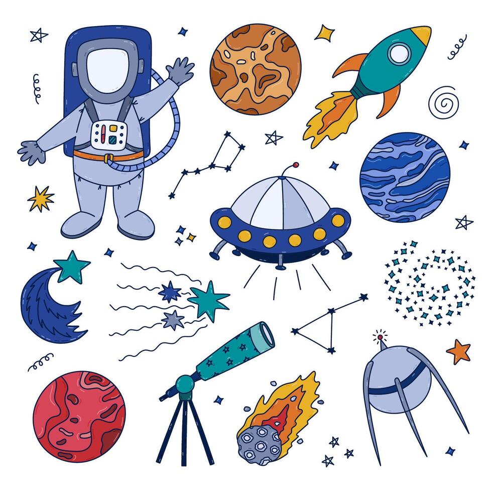 Cute colorful doodle cosmos and astronomy set with cosmonaut, UFO ship, satellite, Pluto and Mars, star dust, space jet. Childish symbols of galaxy. Hand drawn collection isolated on background. vector