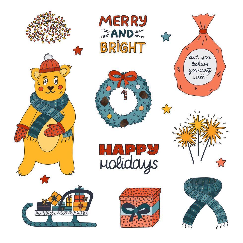 Cute Christmas and wintertime colourful doodle set. Hand drawn collection of bear in winter clothes, Xmas wreath, pack with presents, firework. Childish yuletide decorations isolated on background vector