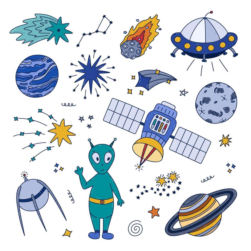 Cute colorful doodle space and astronomy set with alien, flying saucer, satellite, planet Neptune, Big Dipper. Childish symbols of galaxy. Hand drawn outline collection isolated on background. vector
