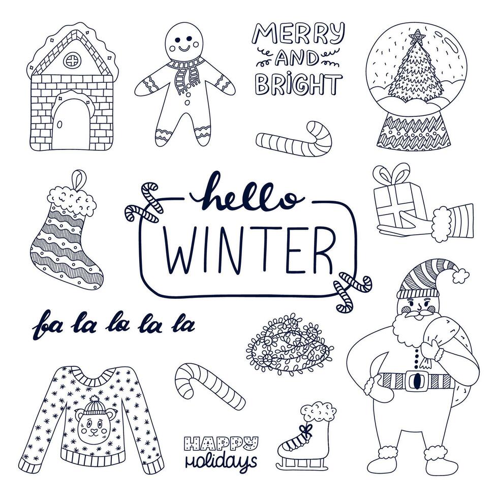 Cute Hello Winter and Xmas set of outline doodle. New Year and Yule hand drawn collection of snowy farmhouse, Santa Claus, jumper, racing skates. Christmas decorations isolated on background vector