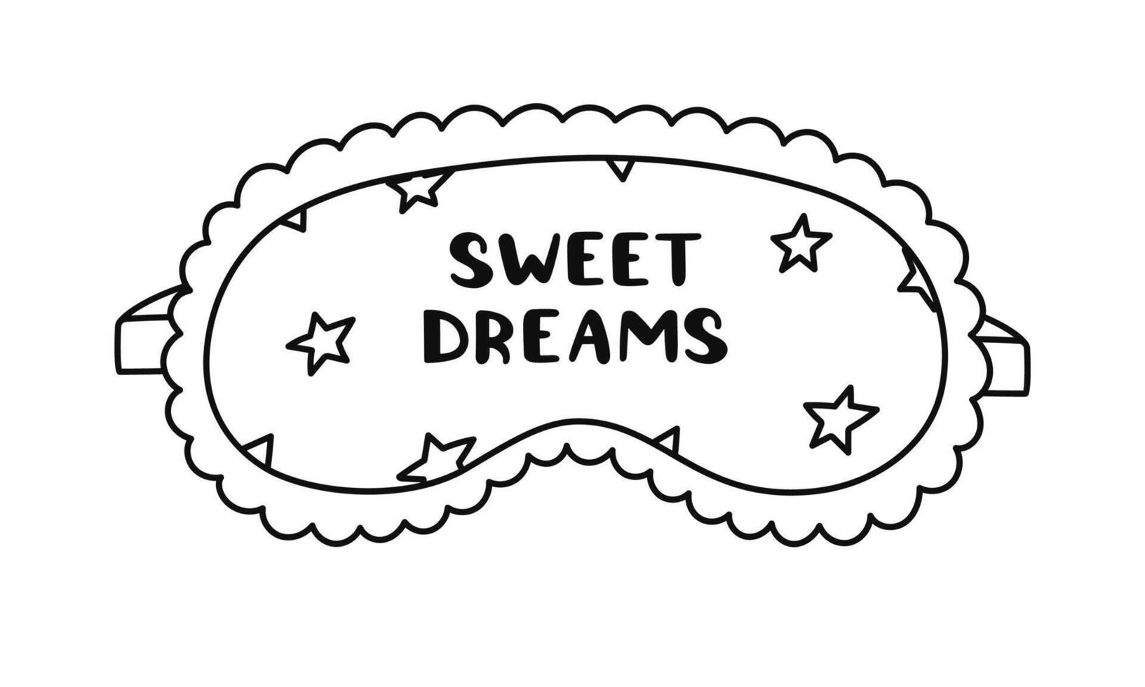 Cute doodle sleeping mask with lace and lettering Sweet Dreams and stars pattern. Funny girly eye mask. Hand drawn outline bedtime accessory for comfortable relaxation isolated on white background vector