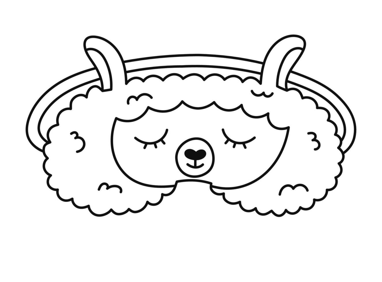 Cute outline sleeping mask in the shape of llama head. Funny childish animal eye mask. Hand drawn bedtime accessory for comfortable relaxation. Black and white doodle isolated on white background. vector