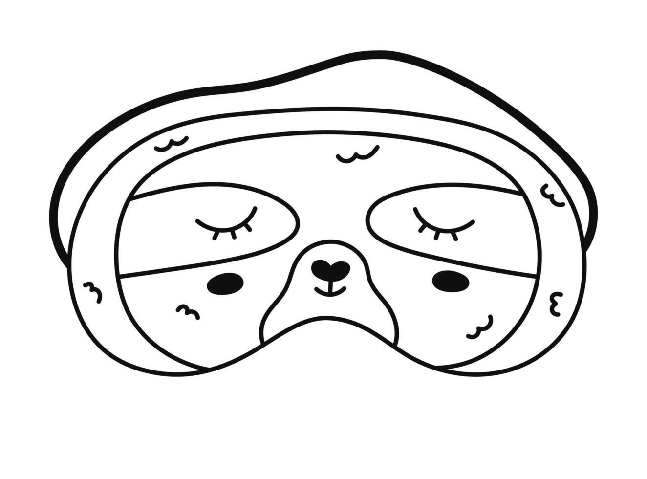 Cute outline sleeping mask in the shape of sloth head. Funny childish animal eye mask with fatigue sloth. Hand drawn doodle bedtime wear for peace dreaming isolated on white background. vector