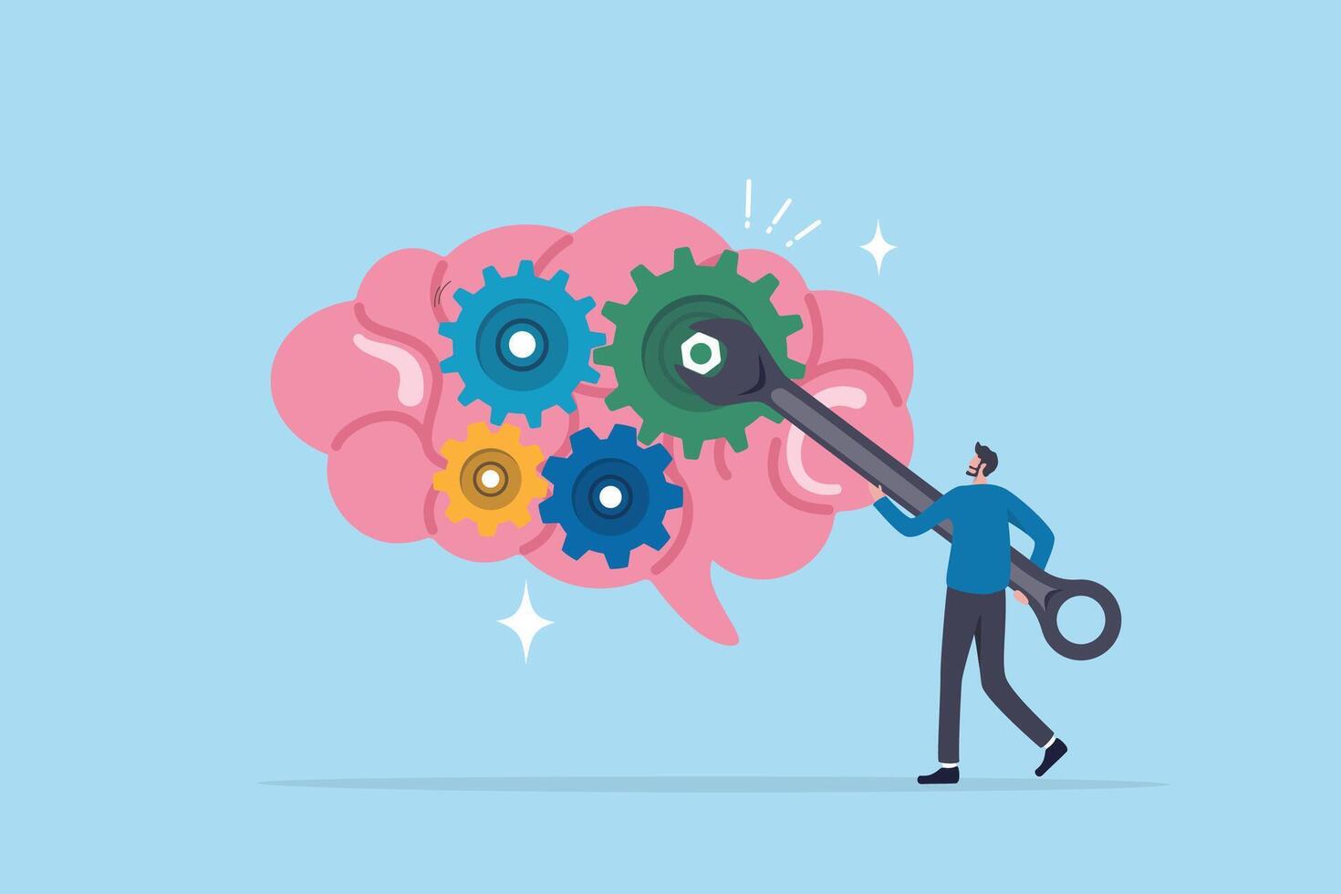 Brain intelligence, fix or adjust creativity thinking, wisdom or improve knowledge learning, tune attitude level or idea development concept, man using wrench adjust gear cogwheels in human brain. vector