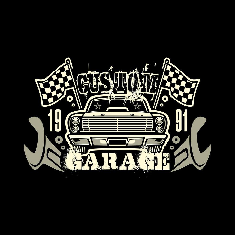 a vintage car with the words custom garage on it vector