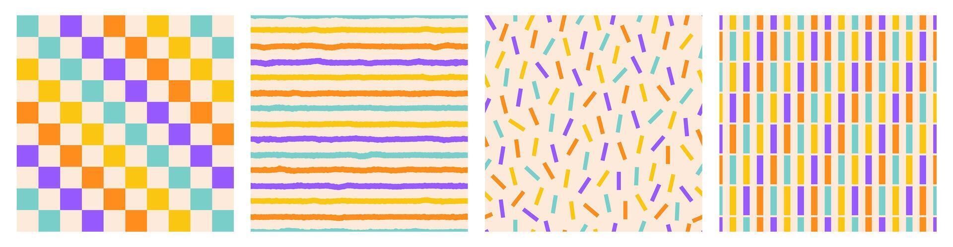 Seamless pattern set of colorful hand drawn lines, strip, confetti. Trendy design with abstract shapes, chessboard, simple and playful doodle wallpaper print vector