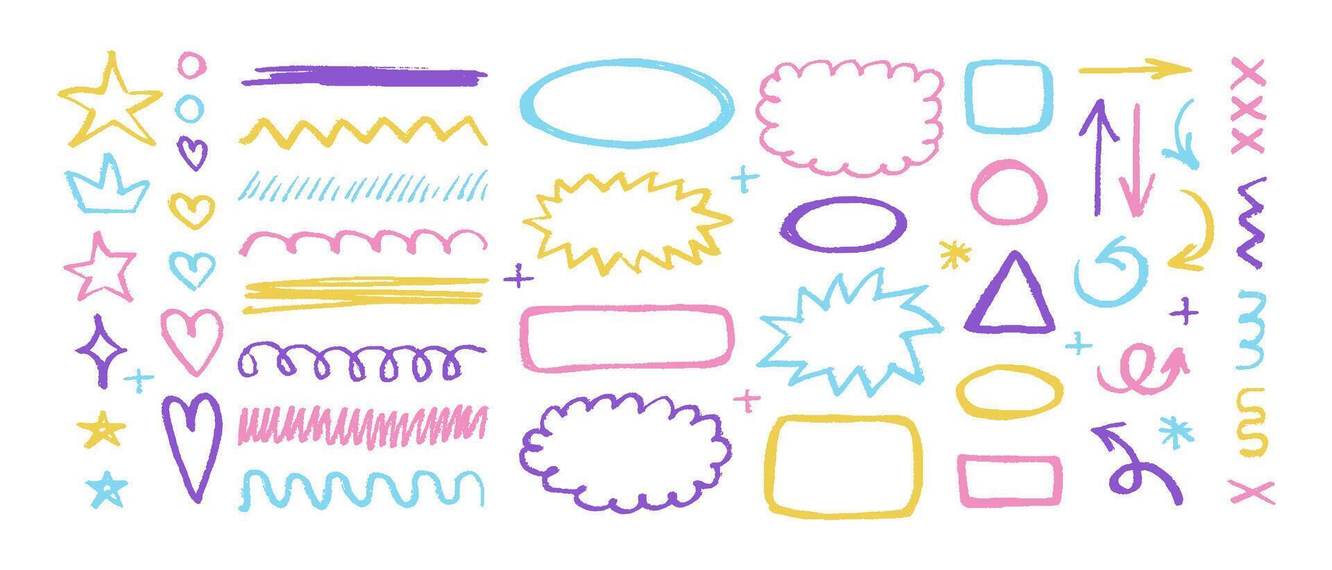 Crayon drawn doodle set, different shapes, line and simple elements. Hand drawn brush highlight, arrow, speech bubble cloud, illustrations vector