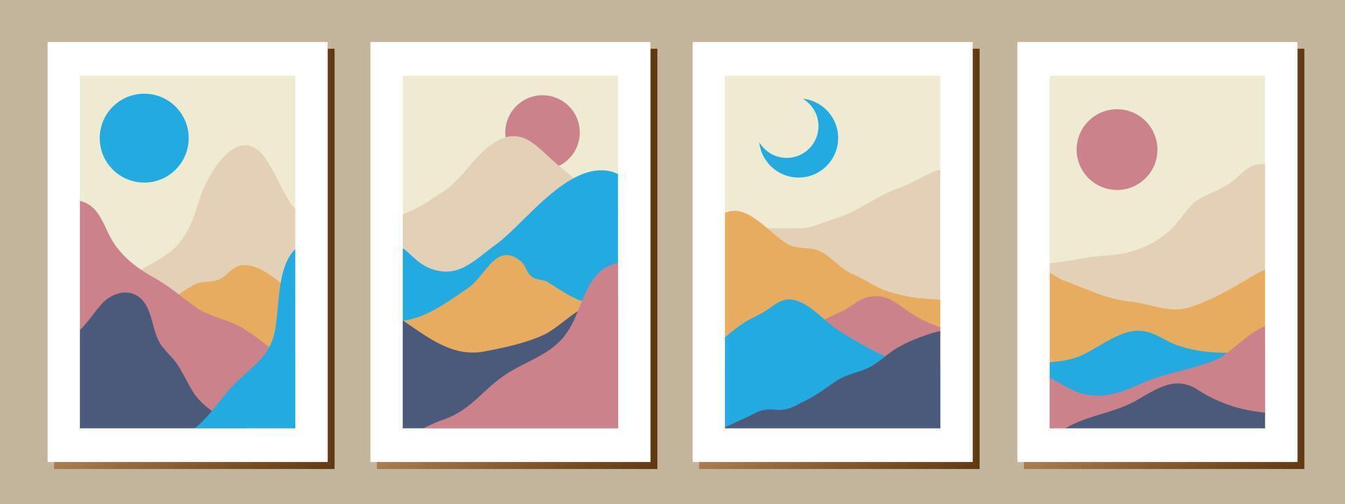 Set of creative abstract mountain landscape and mountain range backgrounds.Mid century modern illustrations with hand drawn mountains,sea or lake,sky,sun and moon.Trendy vector
