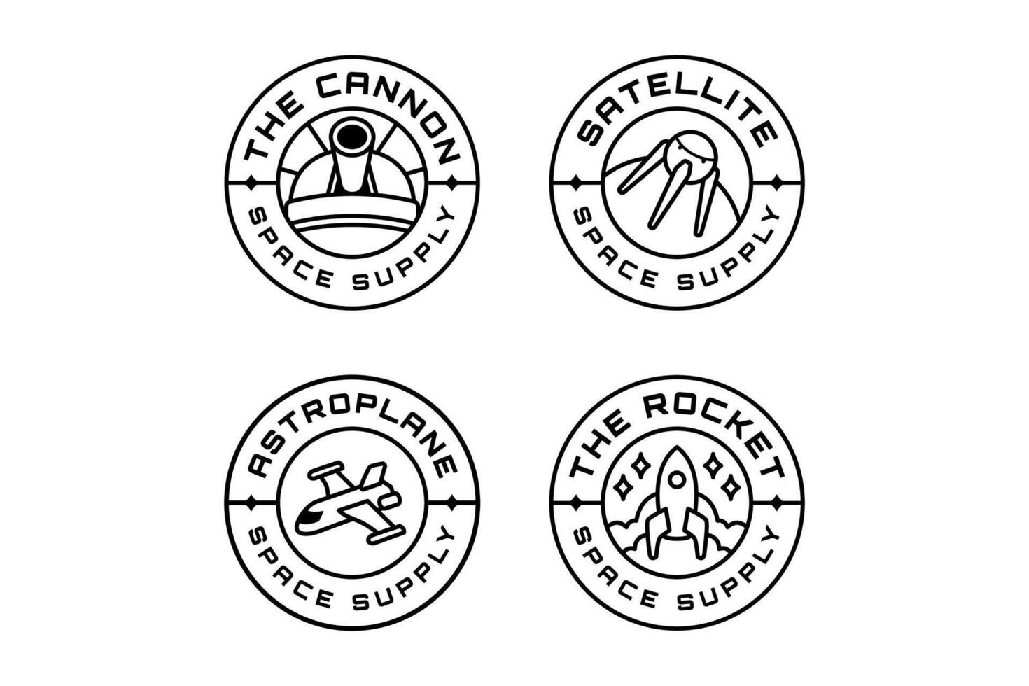 space cannon, spaceship, satellite probe, rocket launch outline modern illustration badge logo design set for astronautic, science, galaxy, space, adventure, kids merchandise vector