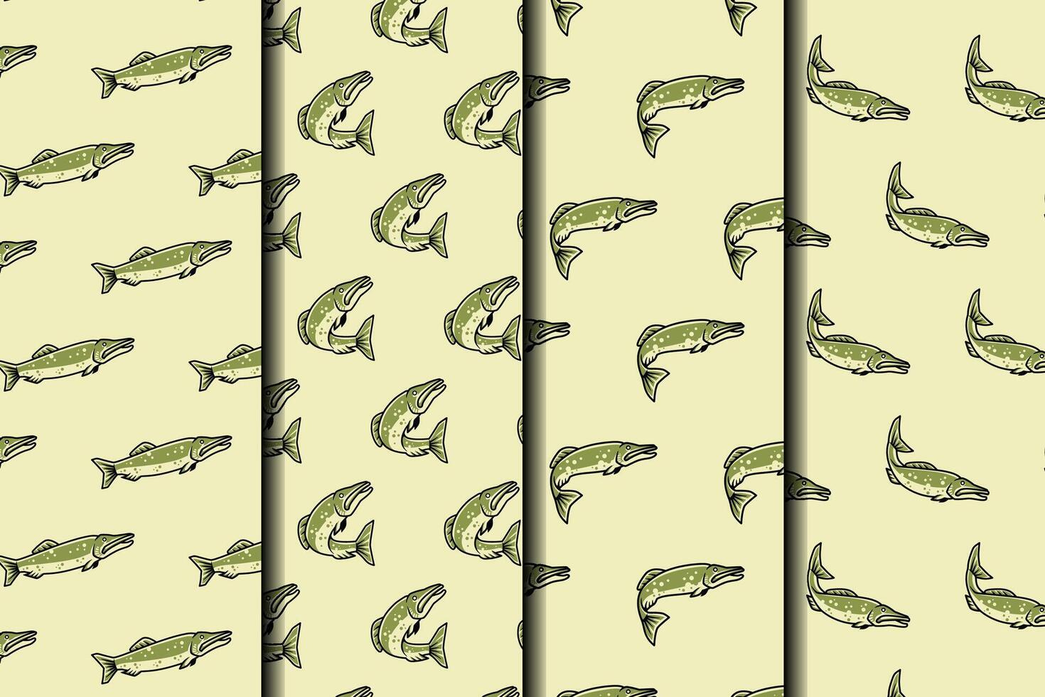 northern pike fish with various poses seamless pattern on green background set. sea northern pike fish illustration pattern background collection for fish shop, fishing sport, restaurant seafood vector