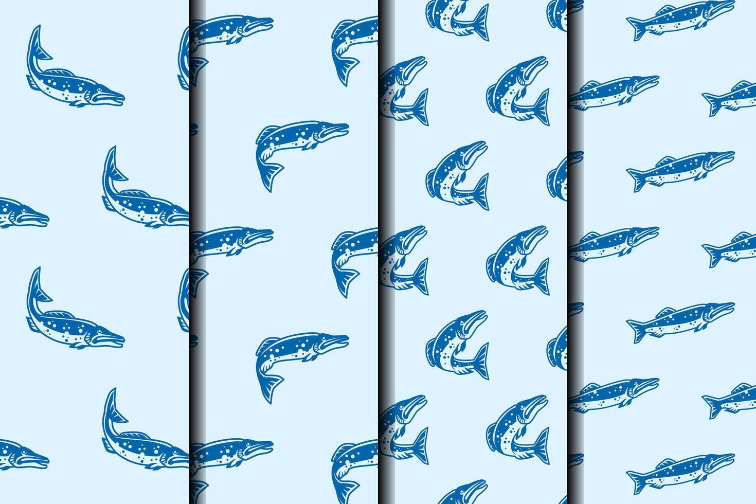 northern pike fish with some poses seamless pattern on blue background set. sea northern pike fish illustration pattern background collection for fish shop, fishing sport, restaurant seafood vector