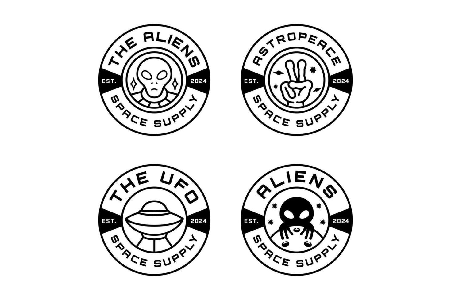 alien peace hand, alien head with astronaut uniform, ufo spaceship, alien shadow outline modern illustration badge logo design set for astronautic, science, galaxy, space, adventure, kids merchandise vector