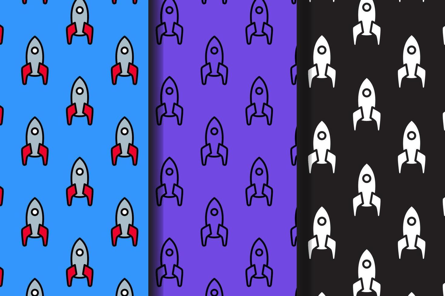 rocket lunch colorful pattern on blue, purple, black background set. doodle rocker spaceship outline symbol seamless pattern background. funny galaxy rocket seamless pattern for decor and merchandise vector