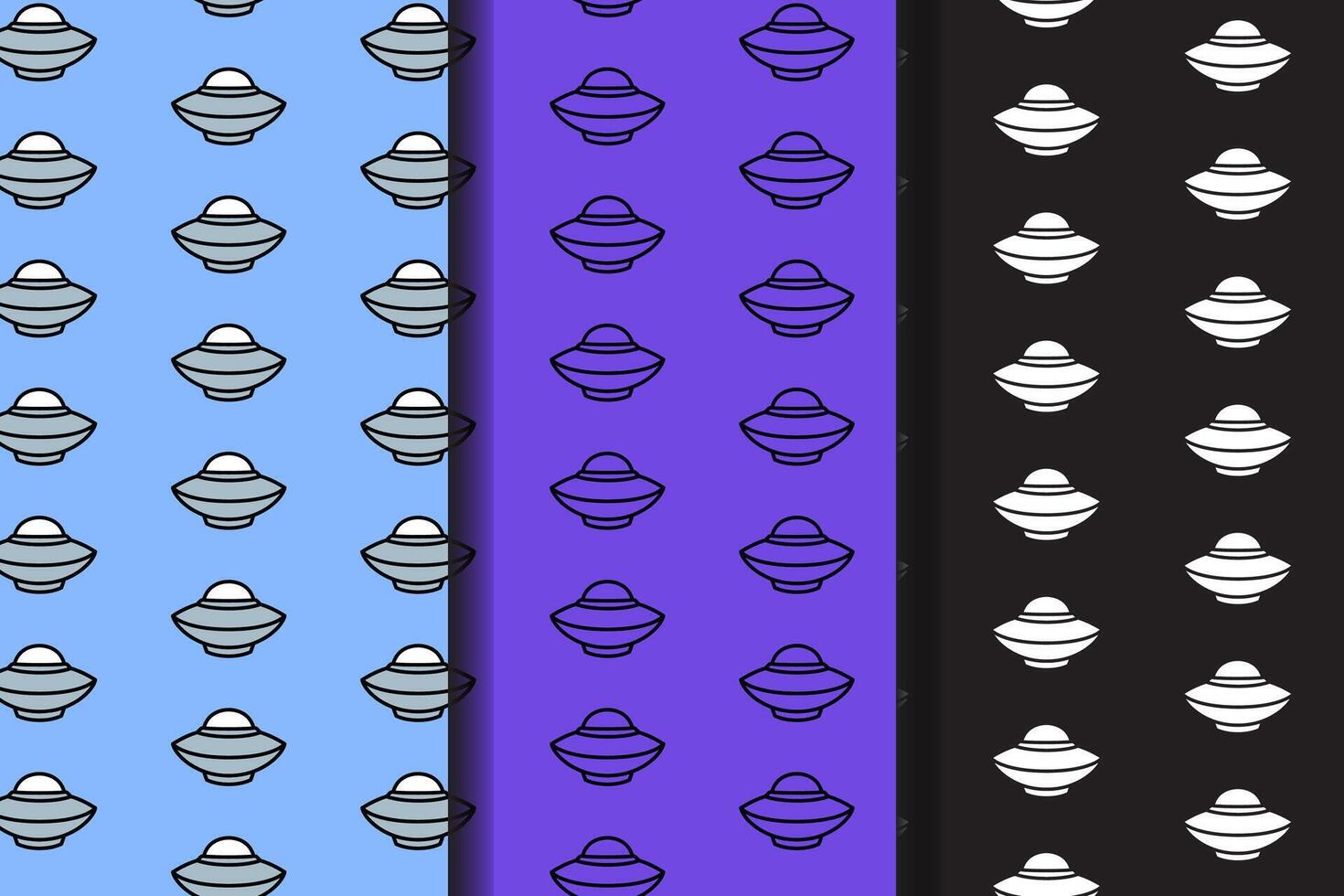 ufo spaceship colorful pattern on blue, purple, black background set. doodle ufo spacecraft outline symbol seamless pattern background. funny galaxy ufo seamless pattern for decor and merchandise vector