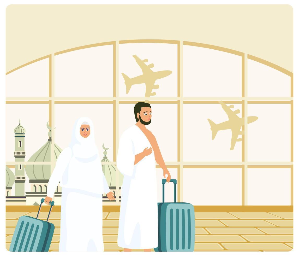A pair of Hajj pilgrims preparing for the Hajj journey at the airport. vector