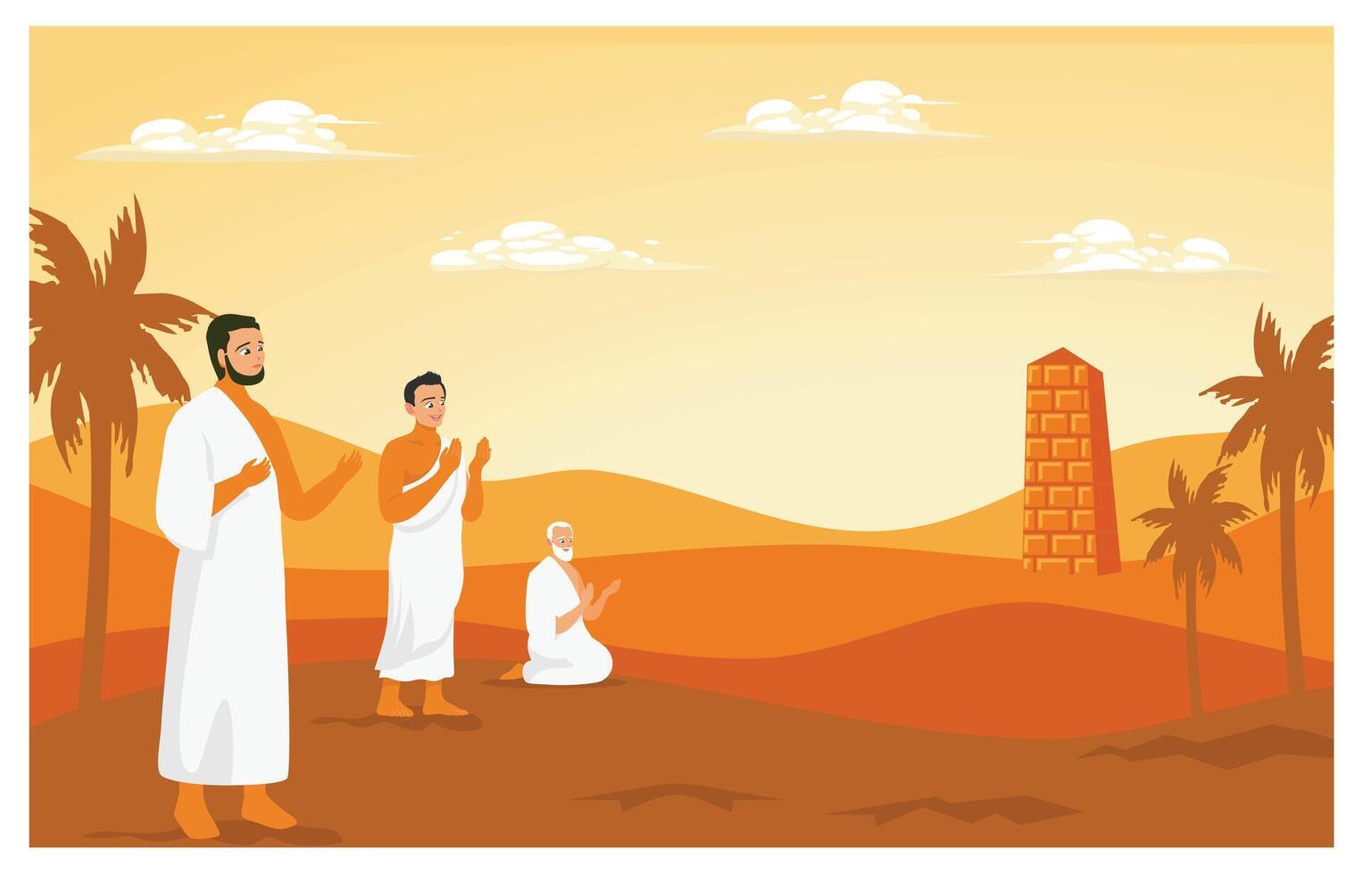 Pilgrims pray on the Jabal Rahmah mountains in Arafah. vector