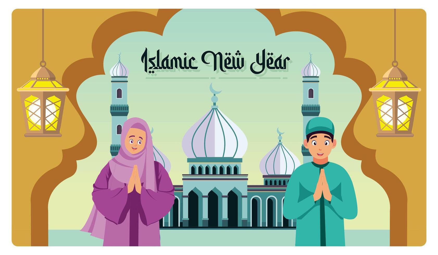 Boys and girls celebrate Islamic New Year at the mosque with lanterns. vector