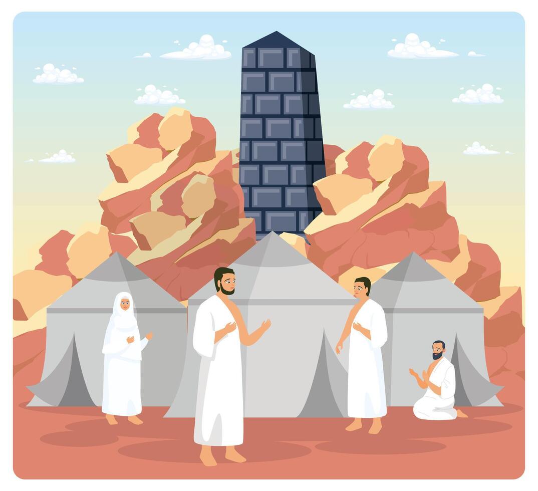 Pilgrims gather and rest in tents on Mount Arafah. vector