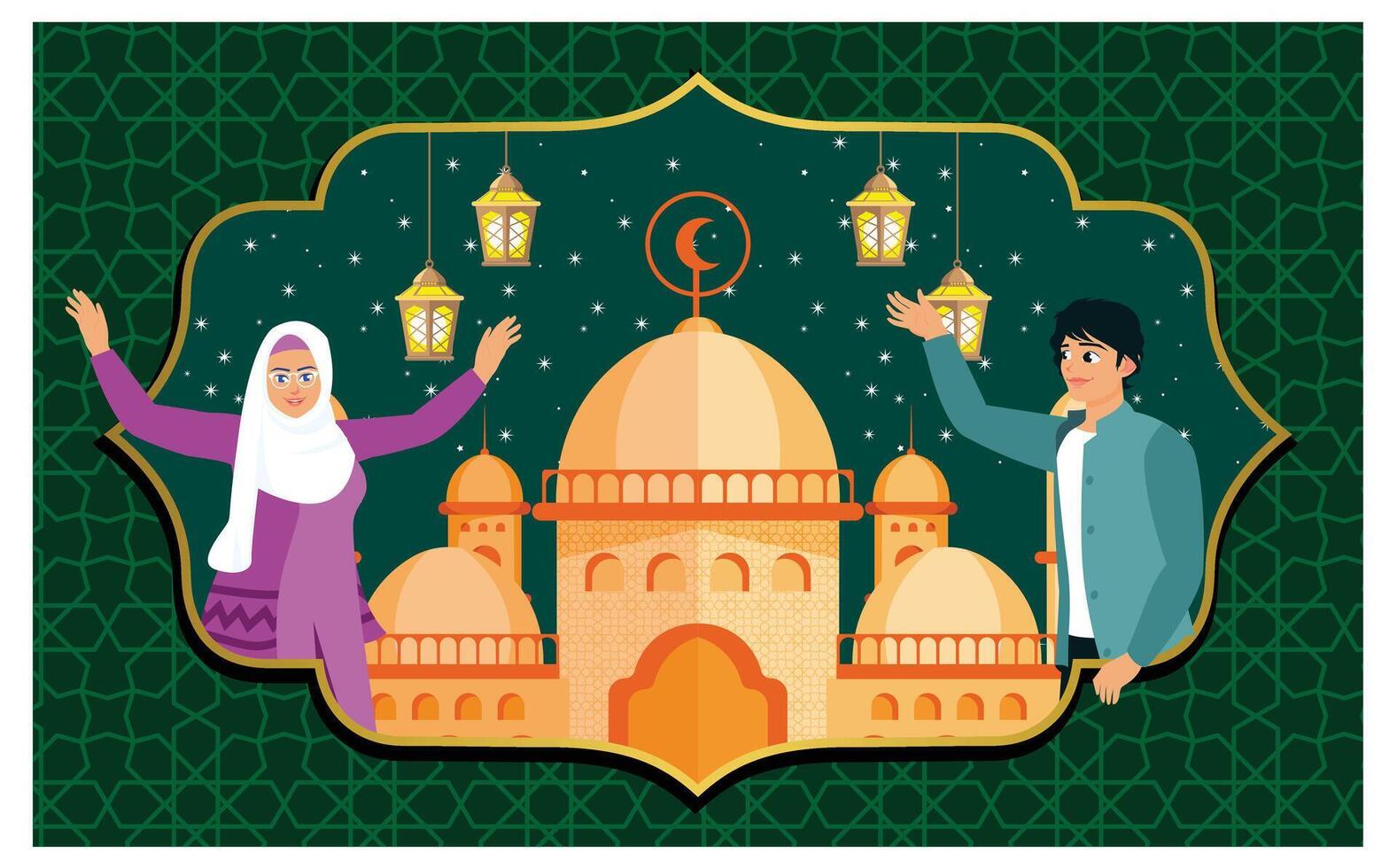 Muslim family celebrates Islamic New Year with lanterns and mosque. vector