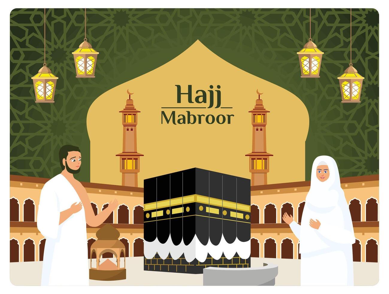Islamic men and women stand next to the Kaaba to perform the Hajj. vector