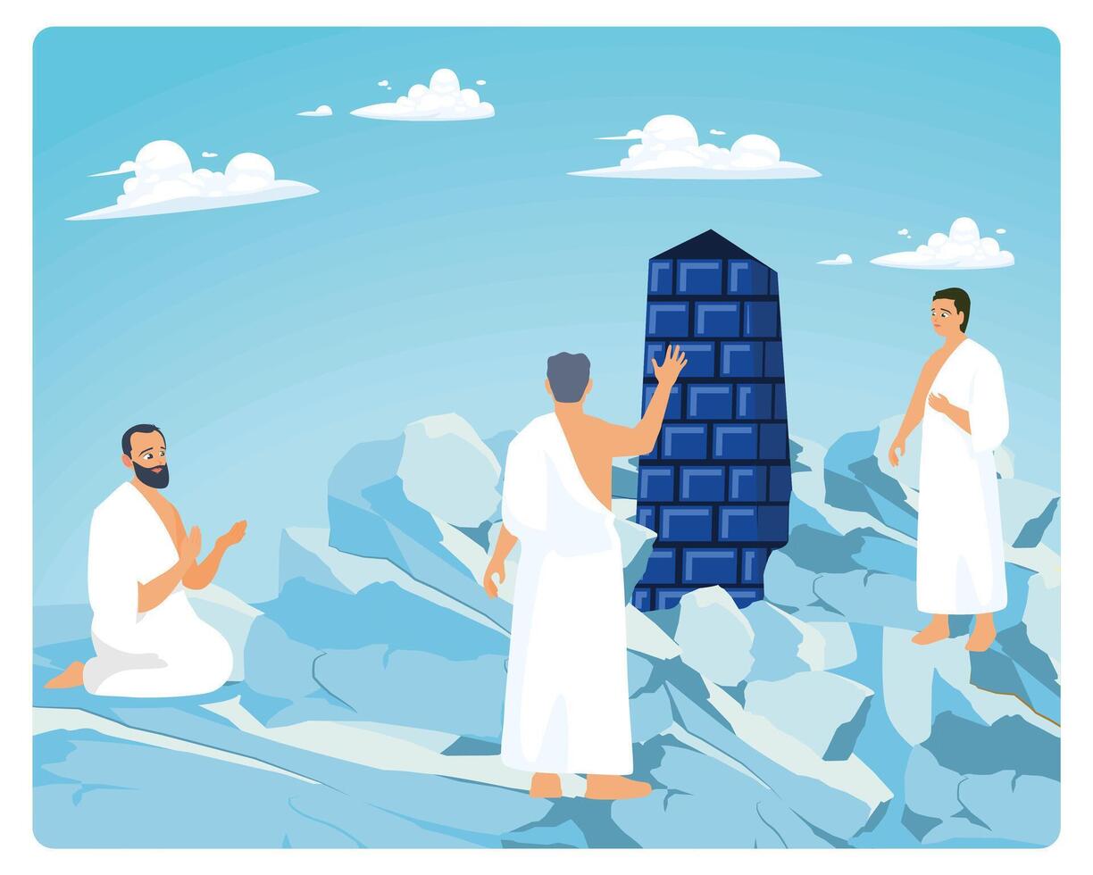 Hajj pilgrims perform wukuf or remain silent on Arafah. vector
