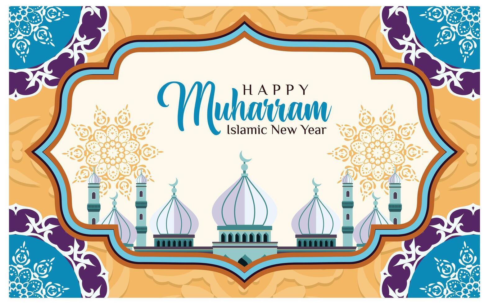 Islamic New Year greeting card design with mosque. vector
