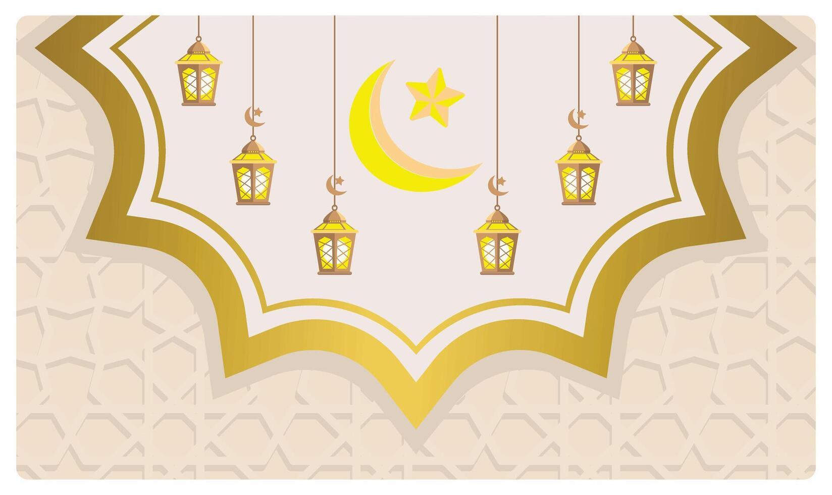 Elegant Islamic New Year greeting card with lanterns and a crescent moon. vector
