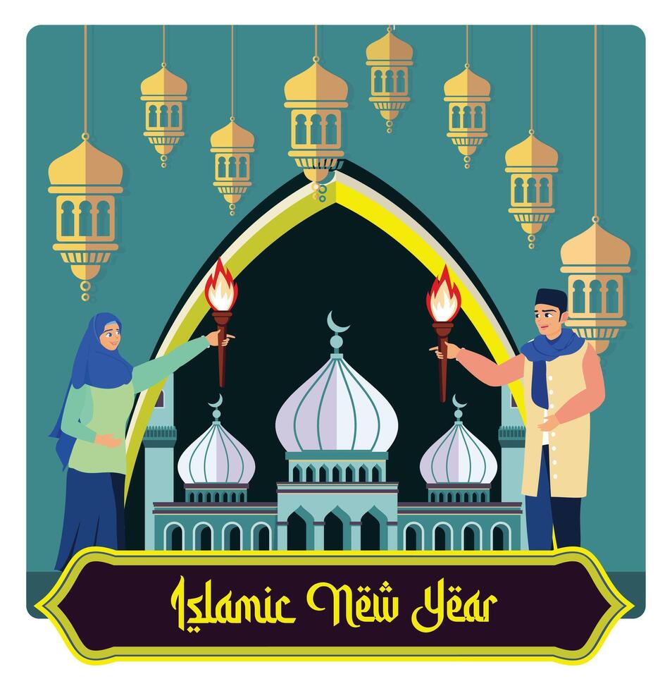 Muslims celebrate the Islamic New Year with lanterns and torches. vector