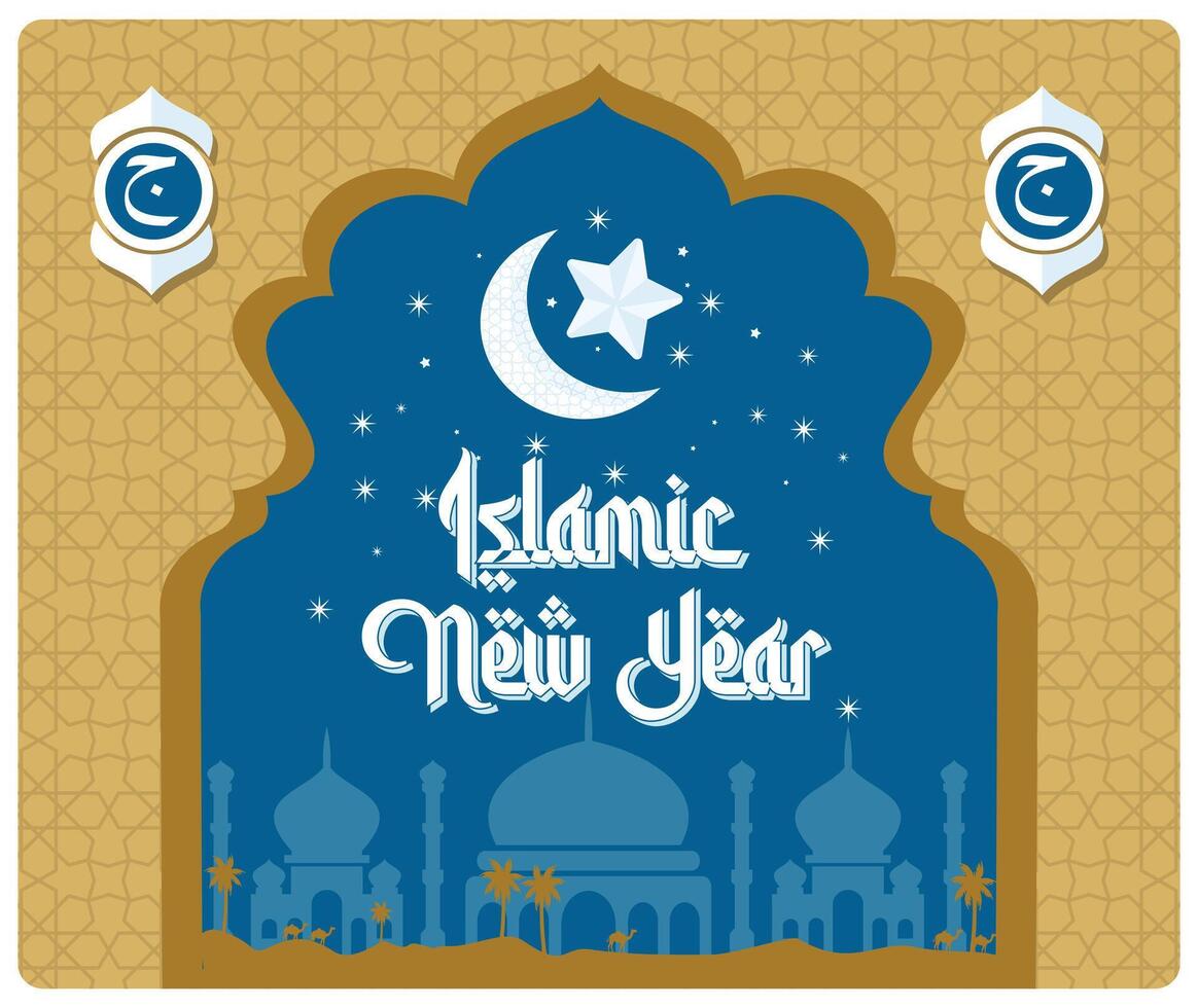 Hijri New Year celebration with crescent moon and stars. vector