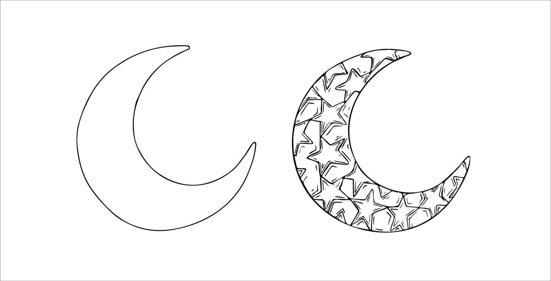Islamic arabian crescent moon set. Graphic illustration mosque, tower isolated on white background. Muslim hand drawn line sketch, holiday Ramadan Kareem or Eid Al Adha 2025. For designers vector