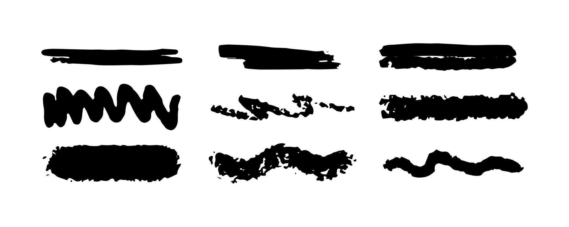 Chalk line set, brush strokes, crayon pencil underlines. Sketch charcoal straight horizontal lines. Scribble zig zag black strokes. Grunge smears, thin, thick, bold dividers. vector