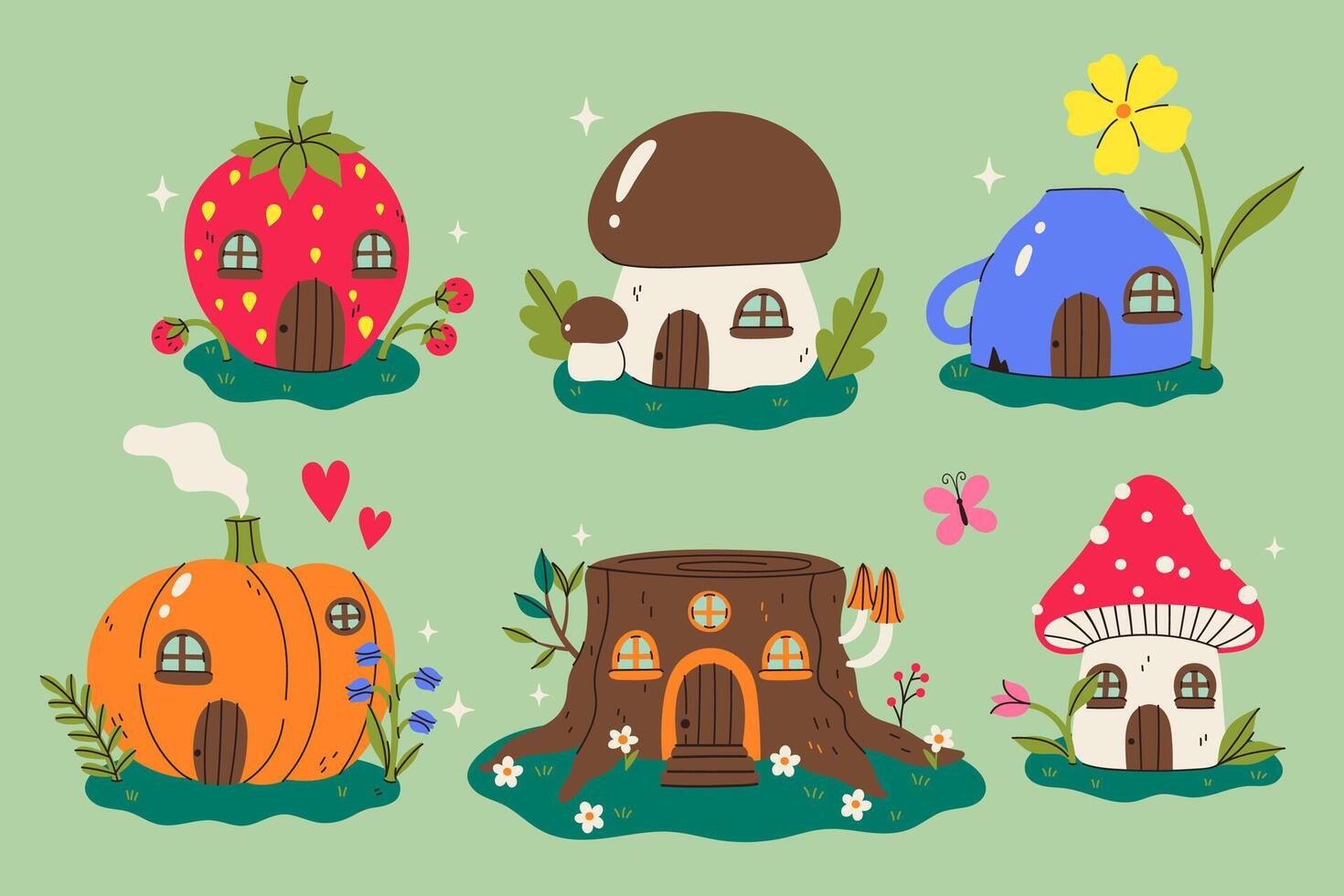 Set of fairy houses strawberry, pumpkin, mushroom, fly agaric, mug, stump. graphics. vector