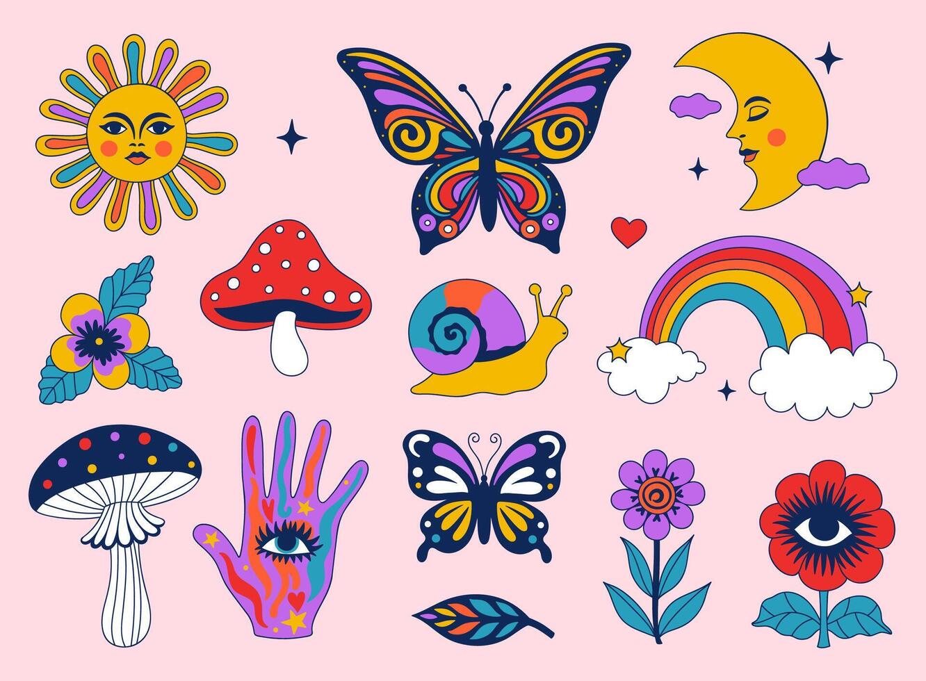 Retro psychedelic clipart snail, flowers, rainbow, moon, sun, mushrooms, butterflies. set . vector