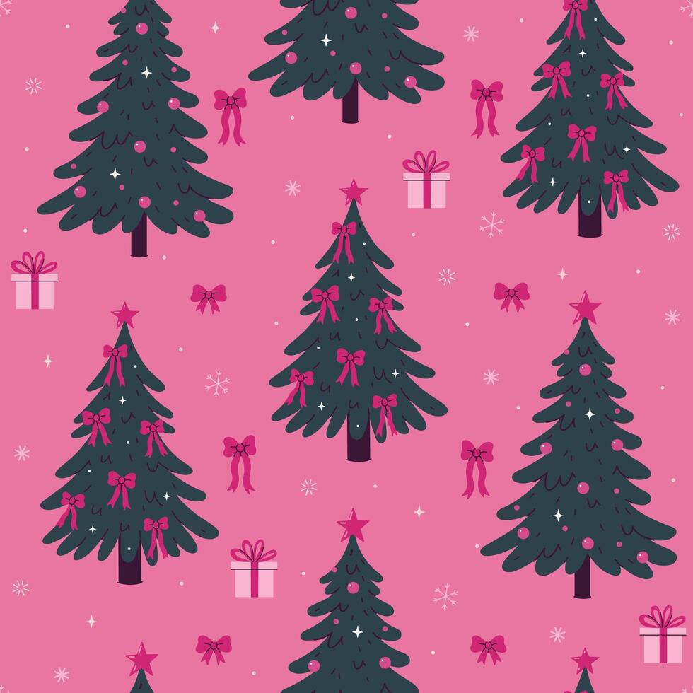 Seamless pattern with Christmas trees decorated with balls and bows. graphics. vector