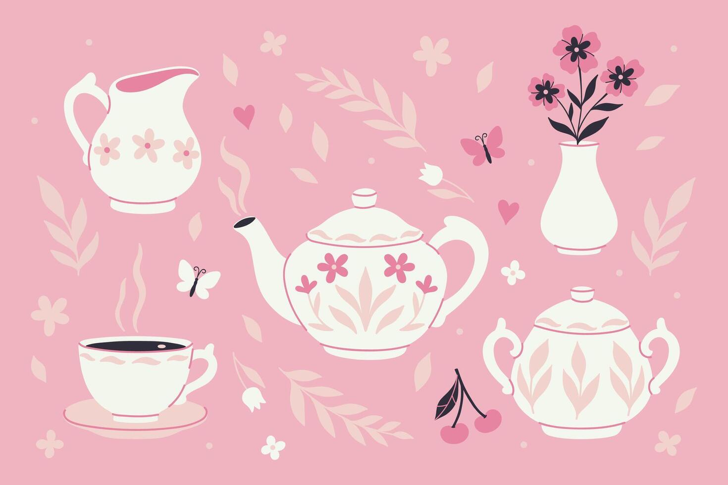 White ceramic tea set sugar bowl, milk jug, mug, teapot and vase of flowers. graphics. vector