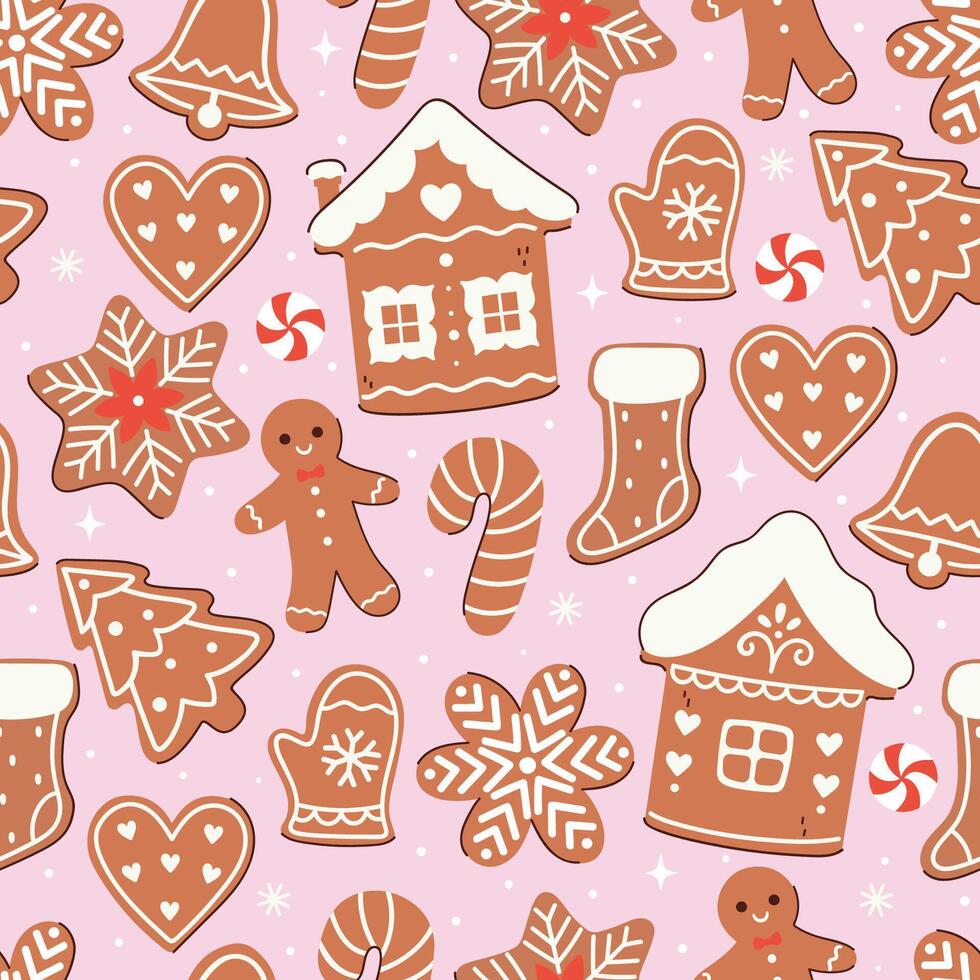 Seamless pattern with Christmas gingerbread cookies of different shapes. graphics. vector