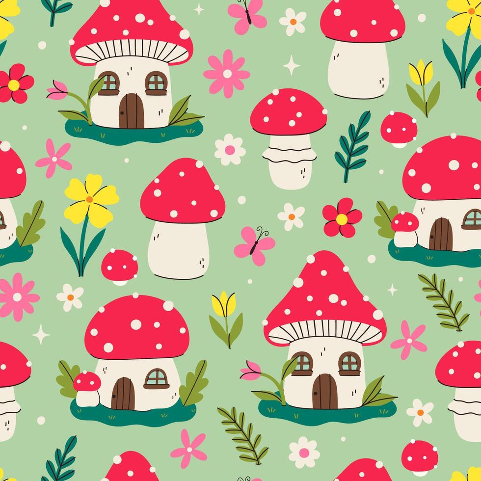 Seamless pattern of fly agarics and fairy houses of fly agarics. graphics. vector