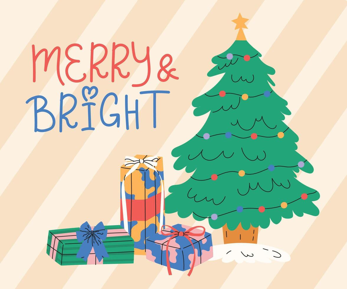 Merry Christmas and Happy New Year greeting card with Christmas wreath and garland. Cute holiday postcard. stock illustration. vector