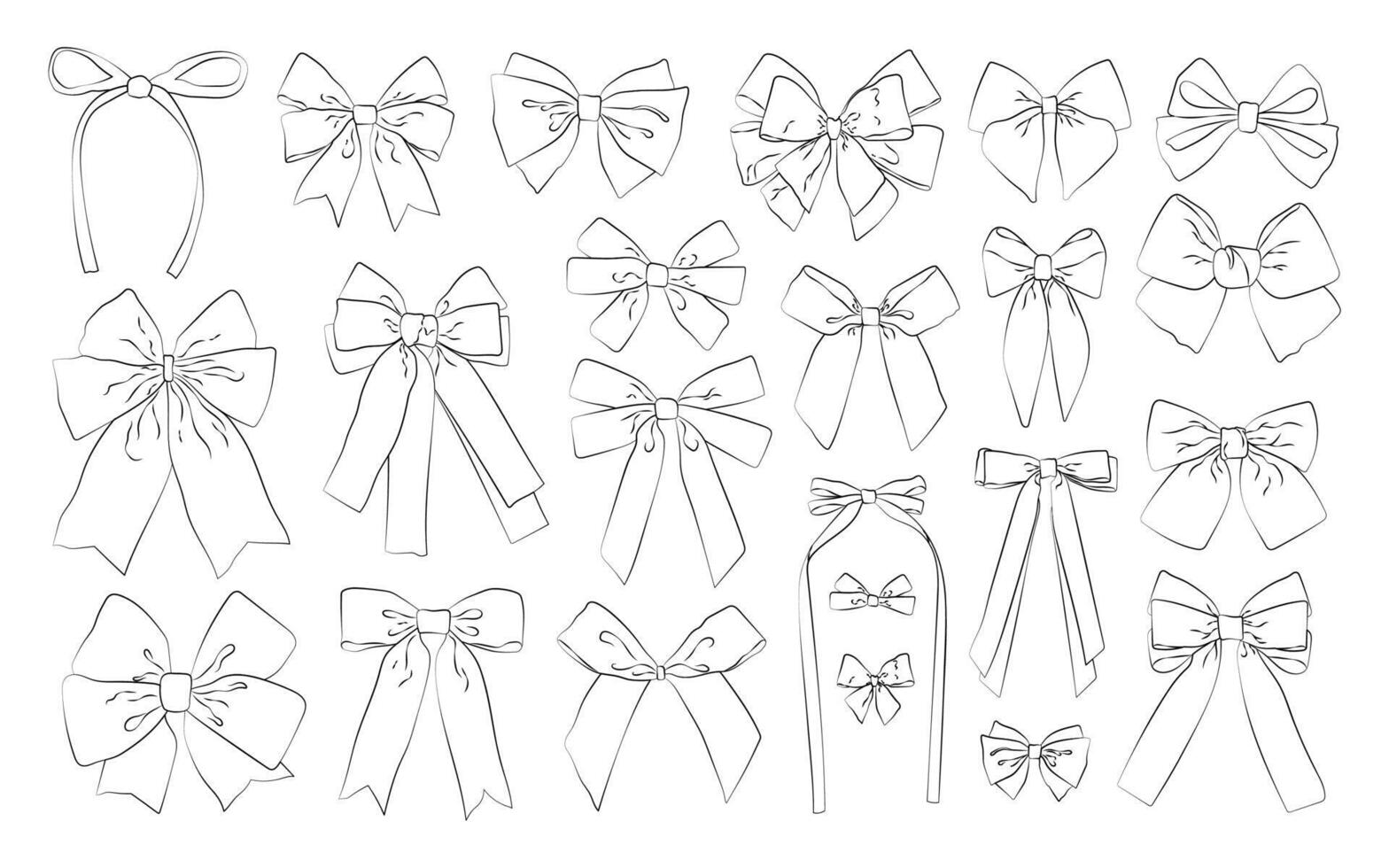 Collection of hand drawn doodle bows. Line art and retro style. Ribbons and bows for gift decoration. Holiday decorations. stock illustration. vector