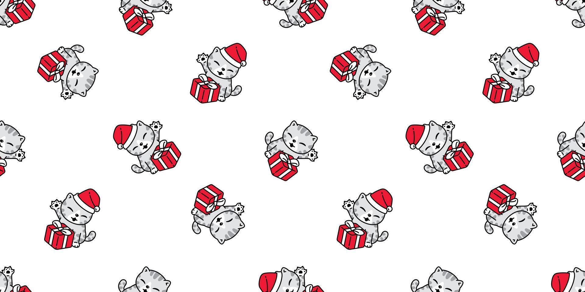 cat seamless pattern christmas gift box kitten santa claus hat calico neko cartoon pet doodle tile background wrapping paper repeat wallpaper isolated illustration design vector