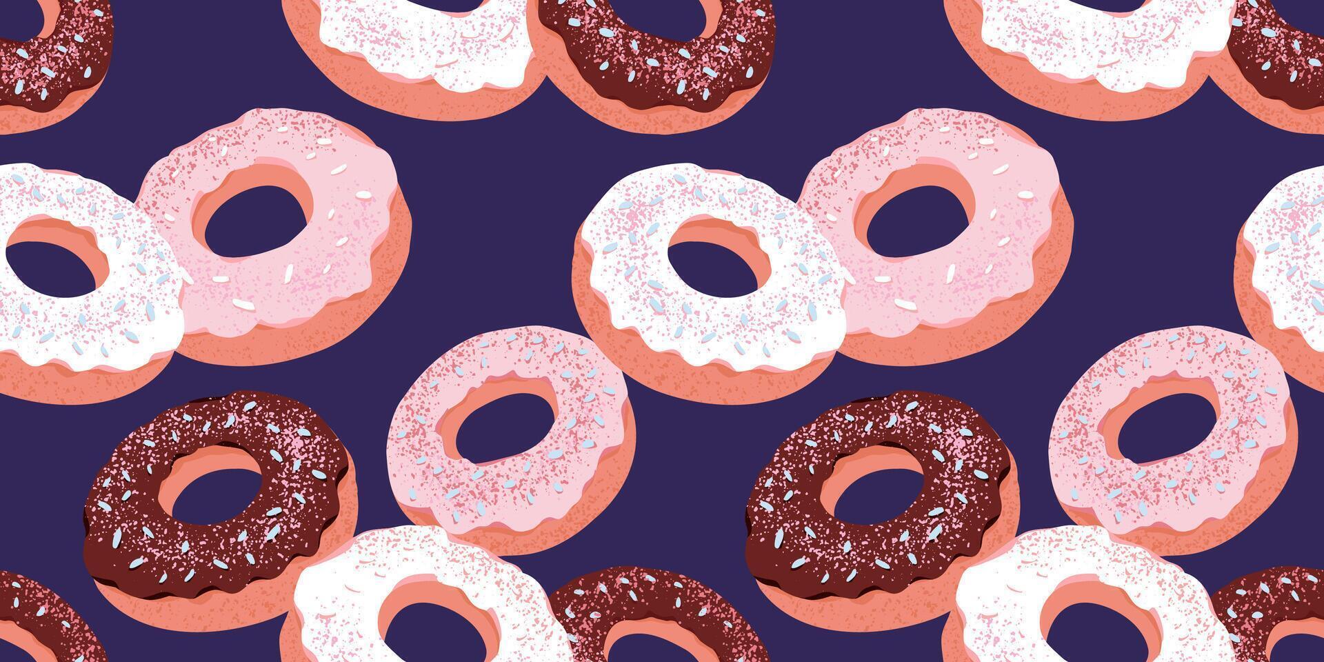 Seamless pattern featuring colorful donuts with chocolate, pink, white frosting, sprinkled with toppings in navy background. Design perfect for bakery-themed projects, packaging, or textile designs. vector