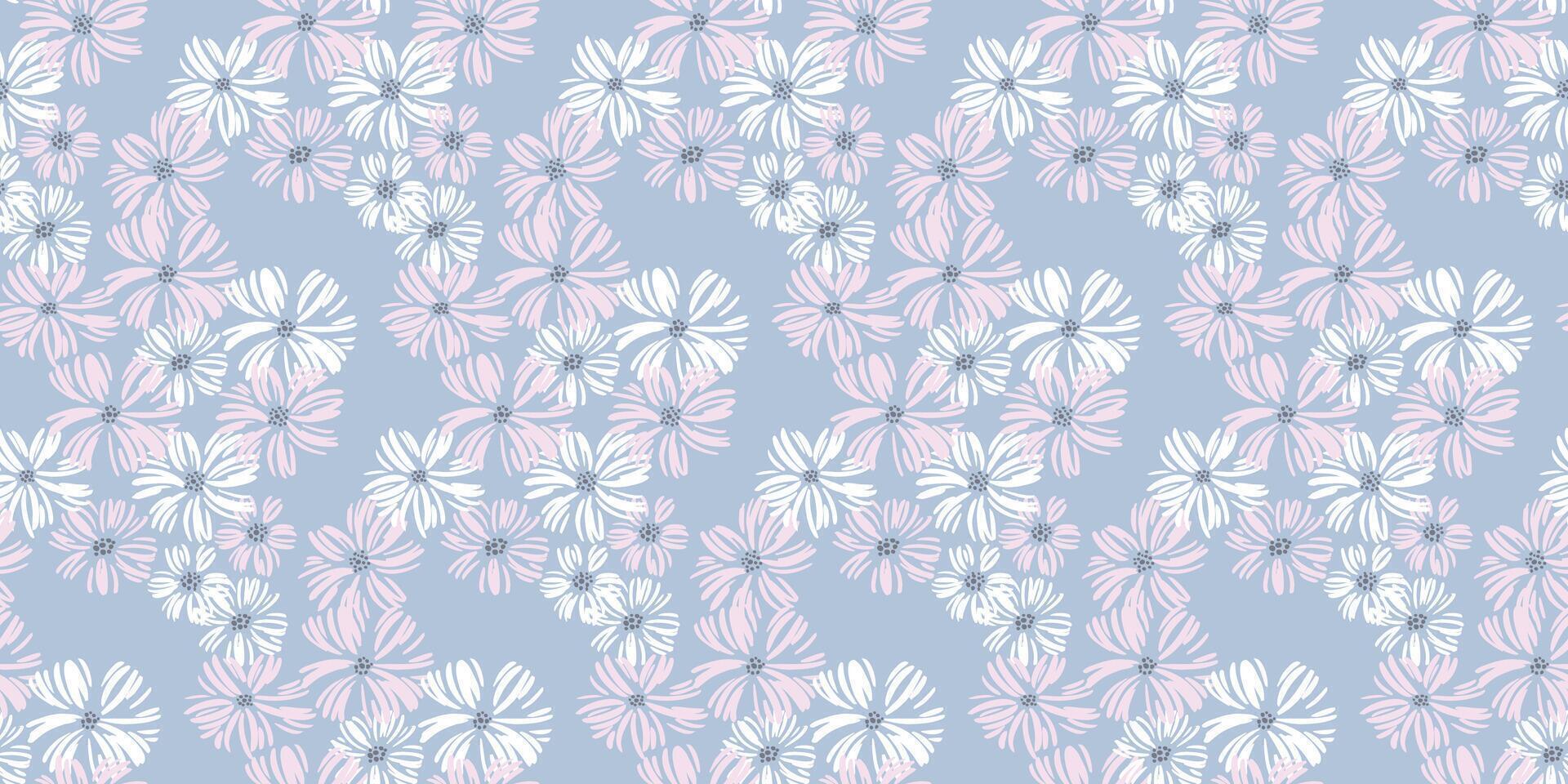 Seamless floral pattern featuring hand drawn daisies Flowers on pastel blue background. Plain stylized botanical print. Nature ornaments for feminine, delicate, romantic designs vector