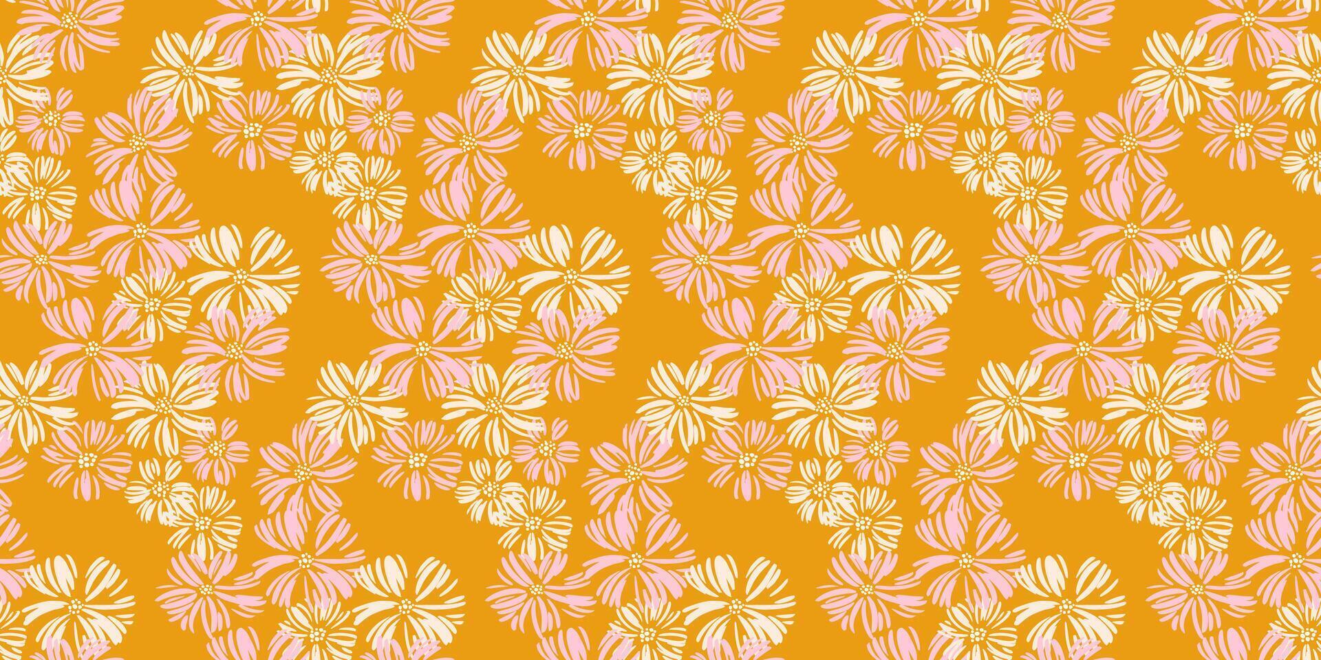 Seamless daisy floral pattern with flowers on a vibrant mustard yellow background. Designs plain botanical print for textiles, home decor, packaging, and stationery, adding warmth and charm. vector